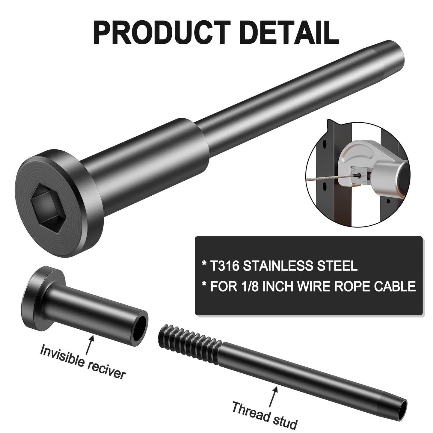 BLIKA 100 Pack 1/8" Black Stainless Steel Invisible Receiver and Swage Stud End for Cable Railing, Deck Stair Threaded End Fitting for Wood & Metal Post, Black Cable Railing Hardware