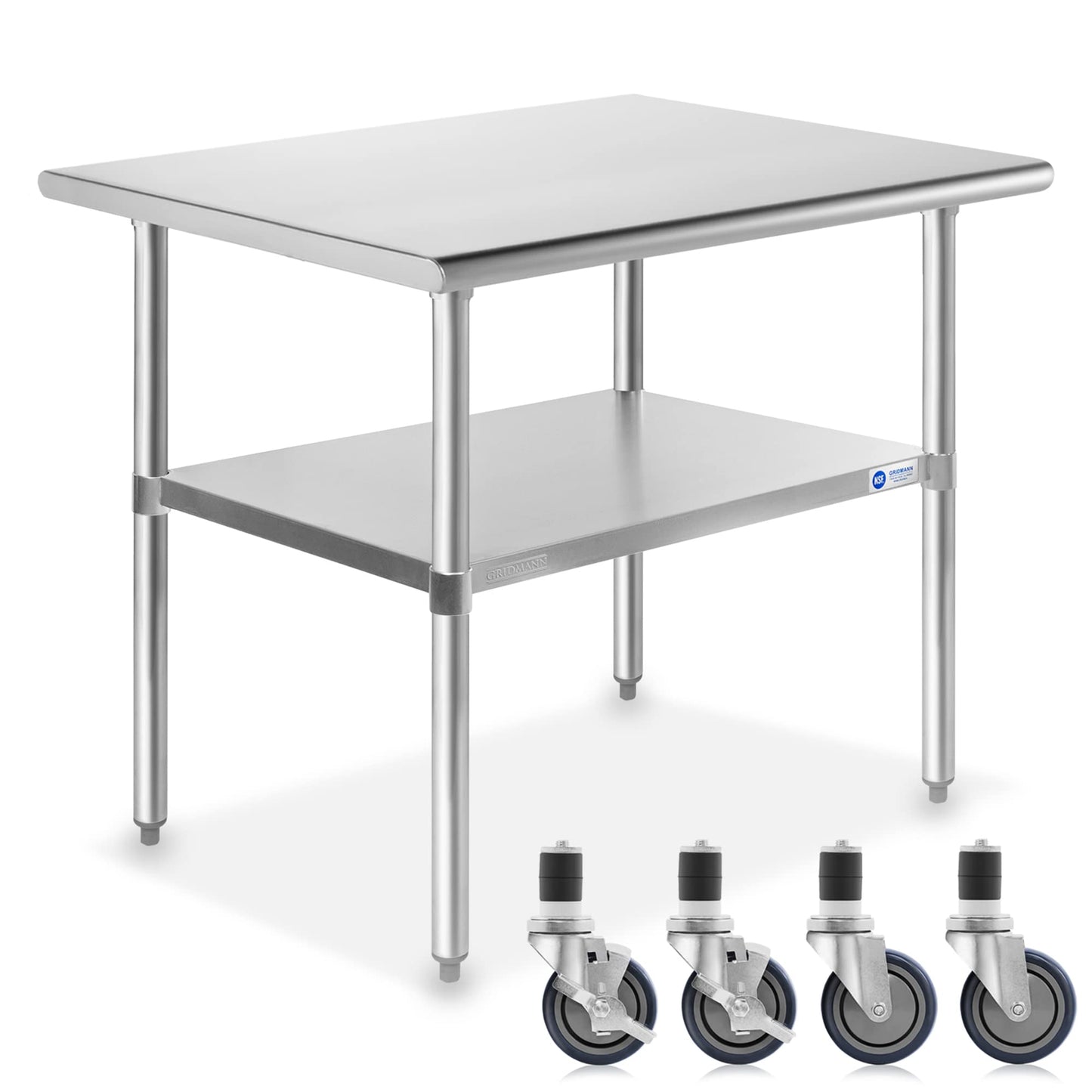 GRIDMANN NSF Stainless Steel Work & Prep Table 36 x 24 Inches with Caster Wheels and Under Shelf for Restaurant, Home, Hotel