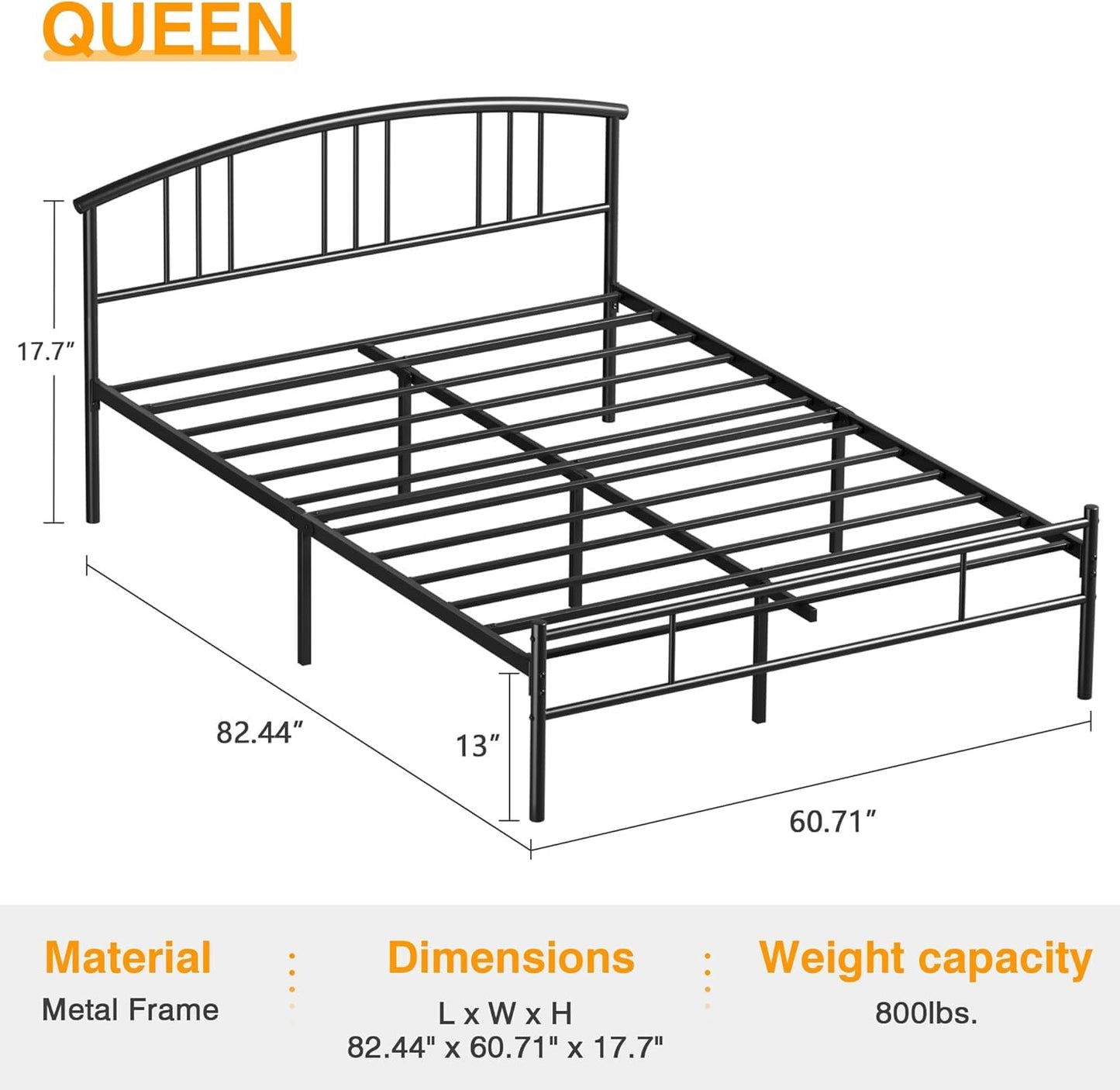 VECELO Queen Mattle Black Bed Frame with Headboard and Footboard, 14 Inch Metal Platform Mattress Foundation, Sturdy Premium Steel Slat/No Box Spring Needed