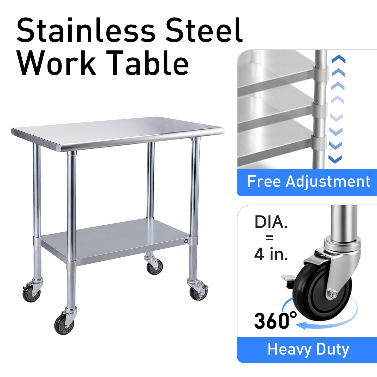ROCKPOINT Stainless Steel Table for Prep & Work with Caster Wheels 24x30 Inches, NSF Metal Commercial Kitchen Heavy Duty Table with Adjustable Under Shelf and Table Foot for Restaurant, Home and Hotel