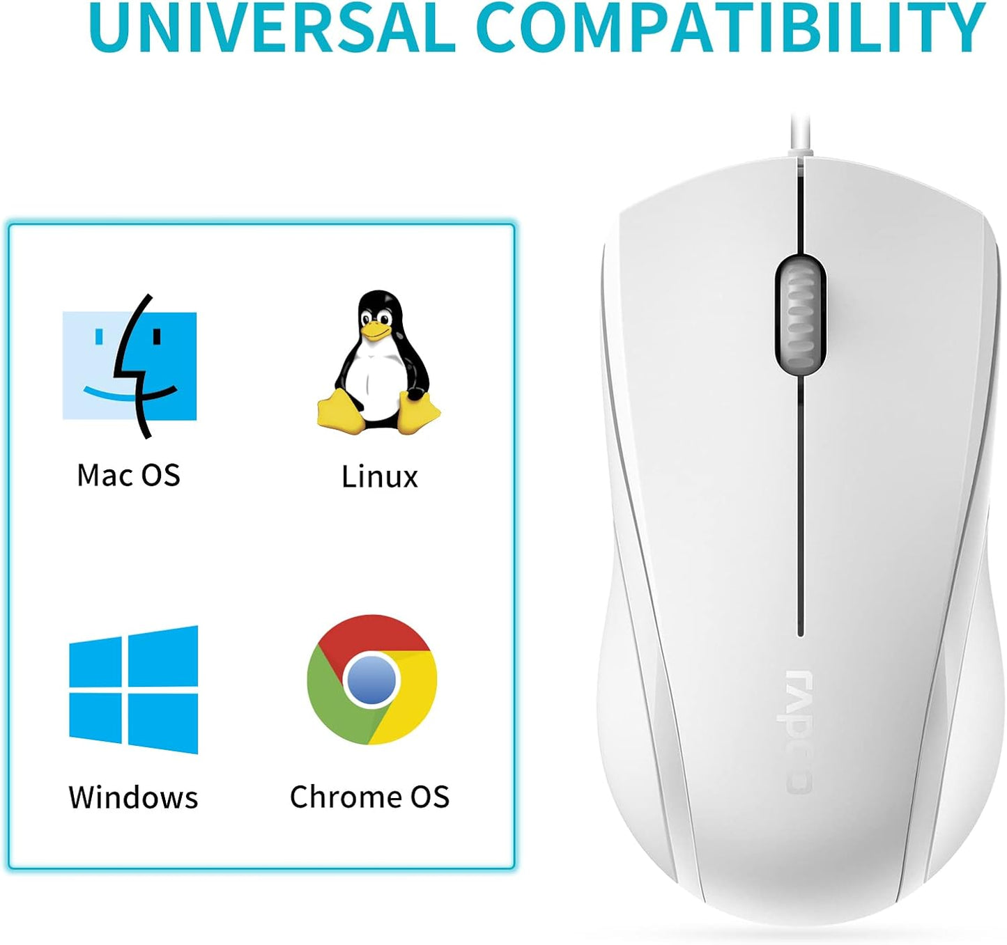 Rapoo N1600 3-Button 1000DPI Quiet Wired Mouse, Optical Mouse, Quiet Button, Ergonomic Shape, for Desktop Computers