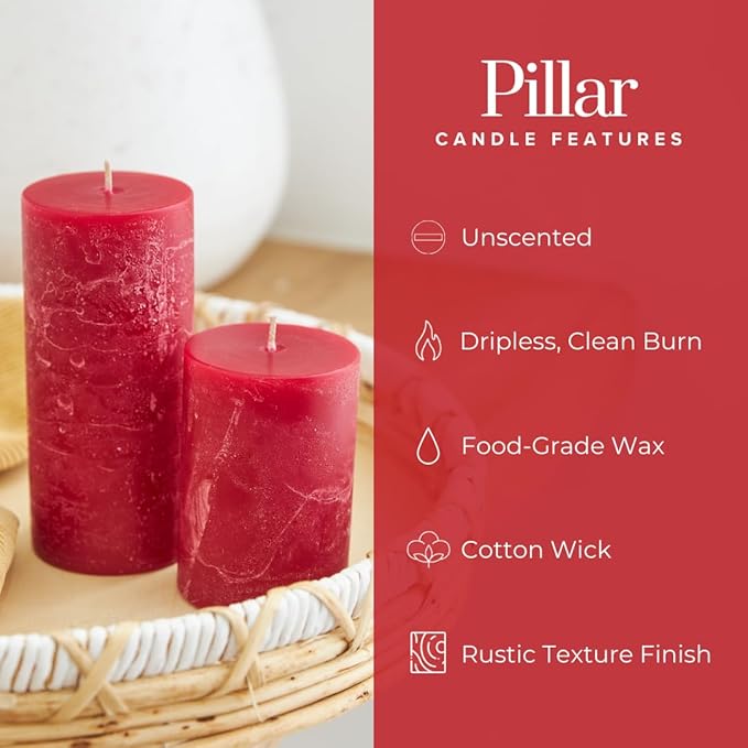 Simply Soson Red Rustic Texture Pillar Candles - 3x4 inch Set of 3 - Unscented Decorative Large Candles for Home Decor, Weddings, Holidays