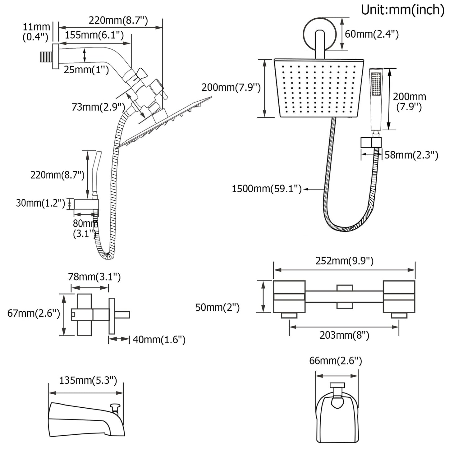 FSCEPIXI 2 Handles Shower Faucet Set with Tub Spout Bathtub Shower Faucet Combo Set Shower System Complete Tub and Shower Trim Kit Matte Black
