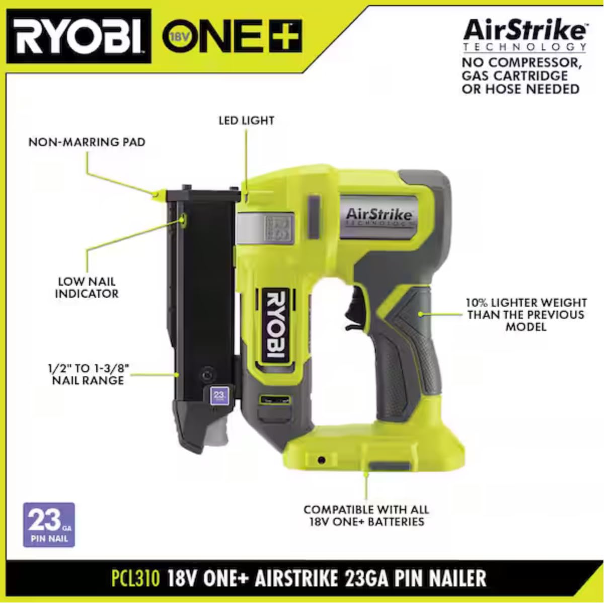 ONEAND 18V Cordless AIRSTRIKE 23-Gauge PIN Nailer Tool ONLY