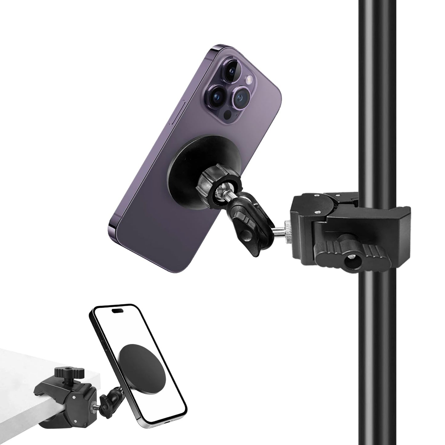 Khazylorr Mic Stand Phone Holder, for MagSafe Clamp Mount Phone Holder Handlebar, 360° Swivel Magnetic Microphone Stand Phone Mount Clip for iPhone 16 15 14 MAX Pro Samsung Galaxy Any Smartphones