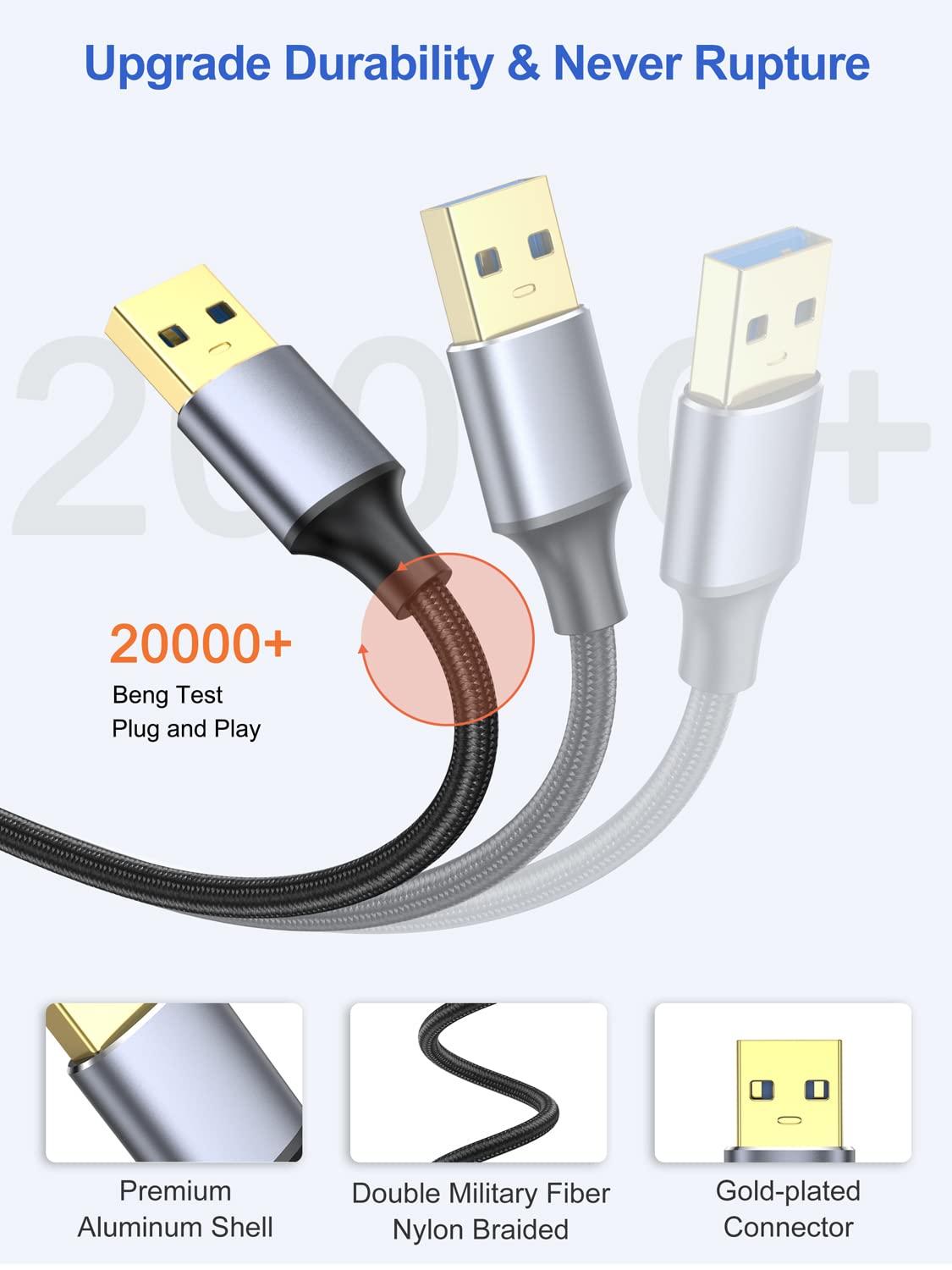ApoJodly 3.0 1FT 2-Pack, USB Cable Short USB A Male to Male Cord Double Sided Cable Compatible with Hard Drive, Laptop