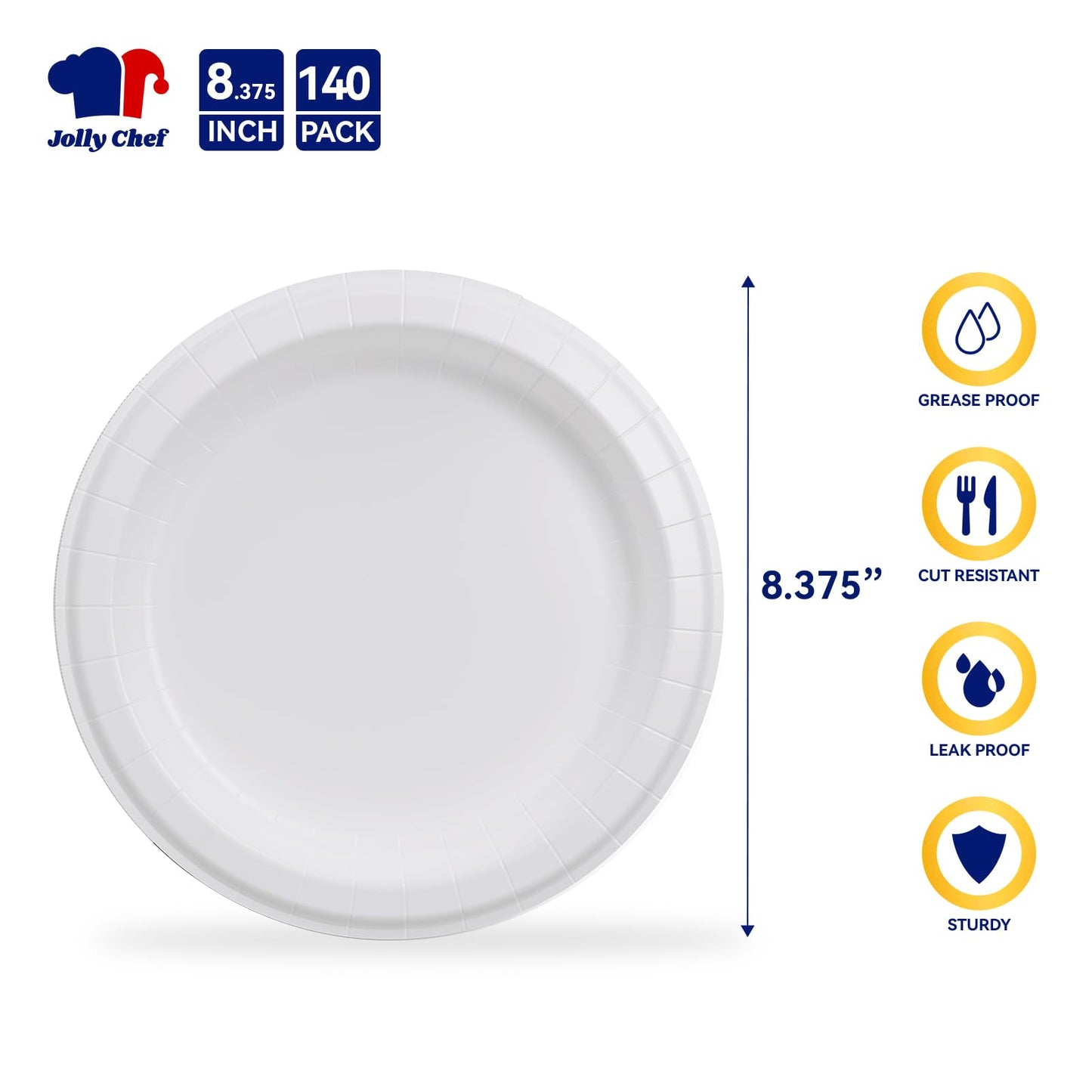 JOLLY CHEF 8.37 inch Disposable Paper Plates 140 Count, Heavy Duty Paper Plates for Everyday Use