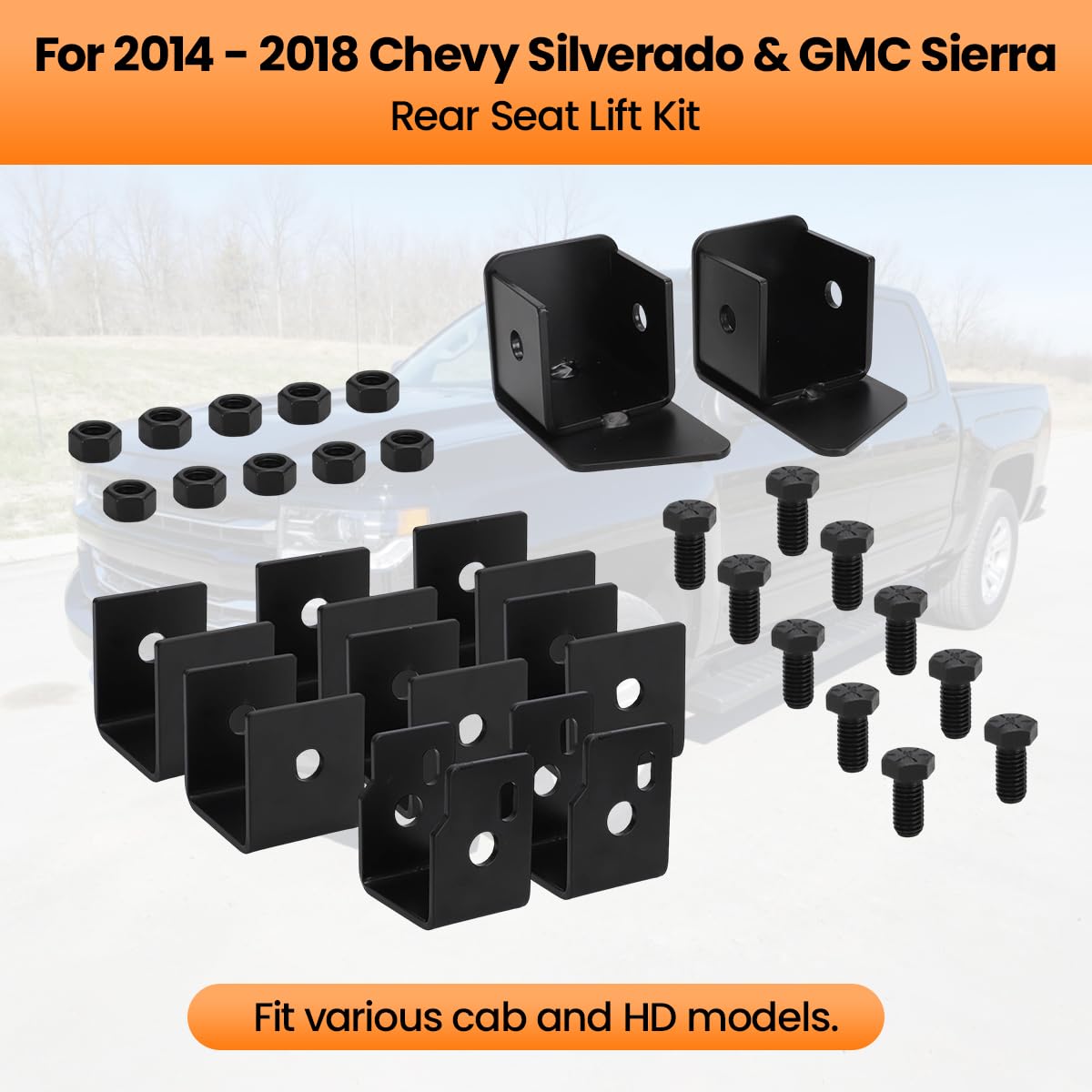For 2014-2018 Chevy Silverado GMC Sierra Crew Cab Rear Seat Lift Kit, 2.5 Inch Height Increase, Black Steel Brackets for Added Storage & Audio System Space