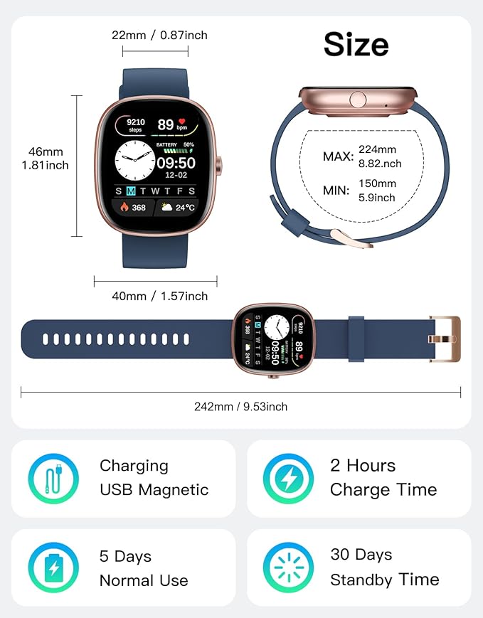 Fitness Tracker 2025 Ver. (Answer/Make Calls), 1.85" Smart Watch Fitness Watches for Women Men with 24/7 Heart Rate Blood Oxygen Monitor Sleep Tracker 100+ Sport Modes IP68 Waterproof (Blue)