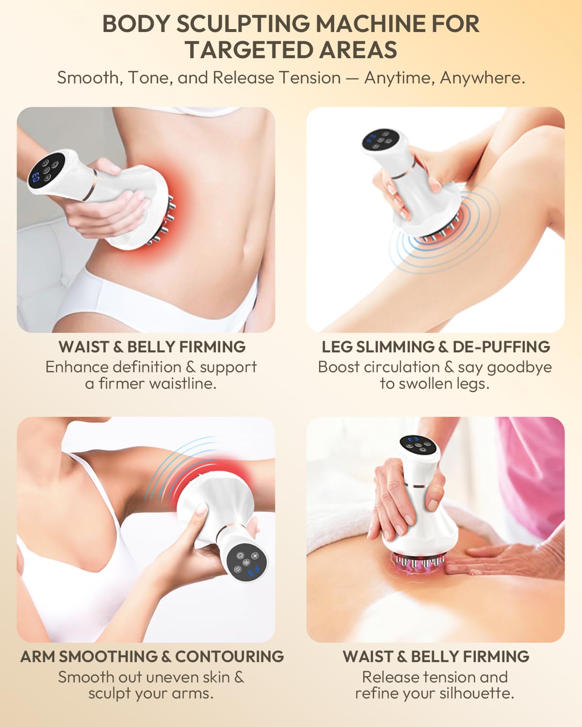 Glamesty Lymphatic Drainage Massager & Anti Cellulite Massage Tool, Body Sculpting Machine with Light, Soothing Pulse, Heat & Vibration, Heated Lymph Brush for Legs, Hip, Arms, Belly (White)
