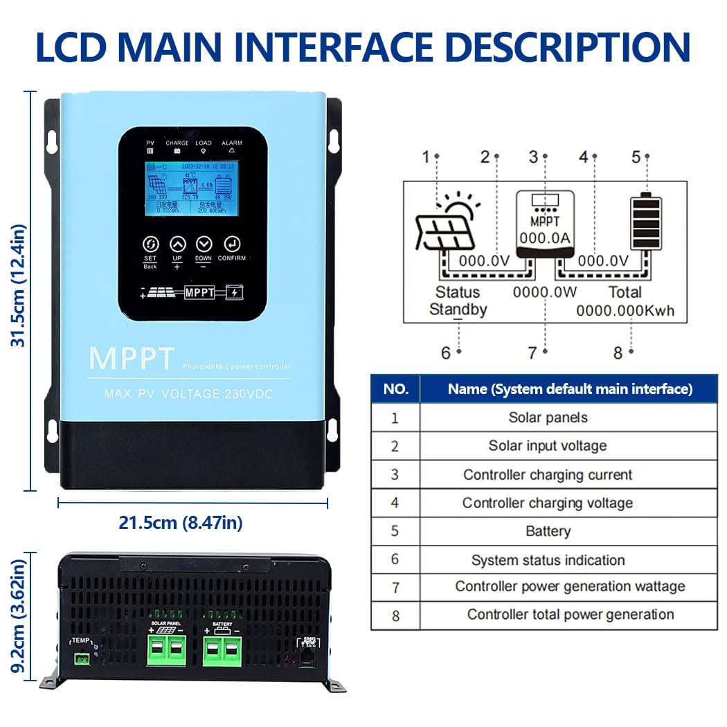 SOGTICPS 120A MPPT Solar Charge Controller,12V 24V 36V 48V 60V 72V 84V 96V Solar Battery Regulator PV Max 230V for Sealed Lead Acid Gel and Lithium Battery