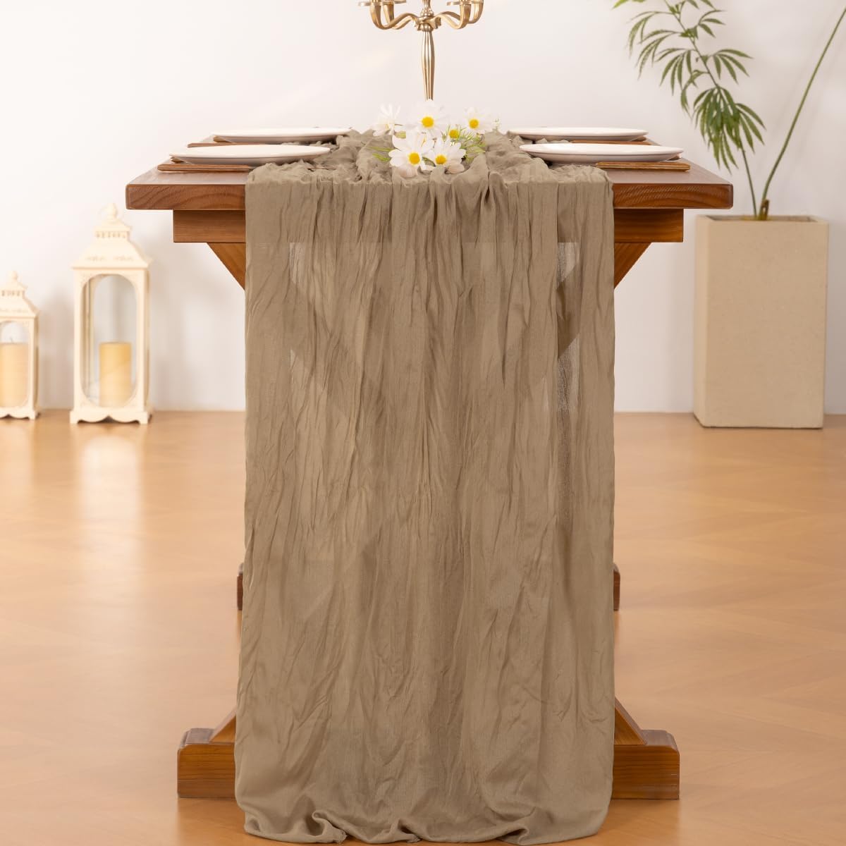 Socomi Cheesecloth Table Runner - 120 Inch Nude Brown Boho Style for Weddings & Events