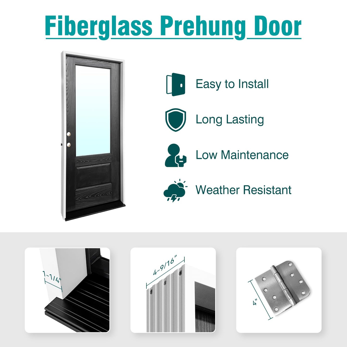 3/4 Lite 36" x 80" Fiberglass Front Door with Tempered Low‑E Glass, Pre‑Assembled Prehung Entry Door Glass Inserts and Frames, Dual‑Color Black/White Finish, Right Hand Inswing
