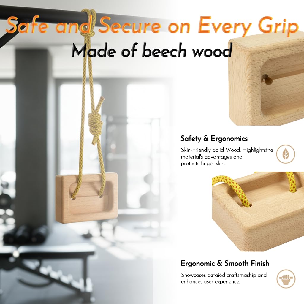 Portable Beech Wood Fingerboard Climbing Hangboard Set – Dual-Pocket Grip Blocks for Finger & Forearm Strength Training – Adjustable Rope and Metal Clips Included