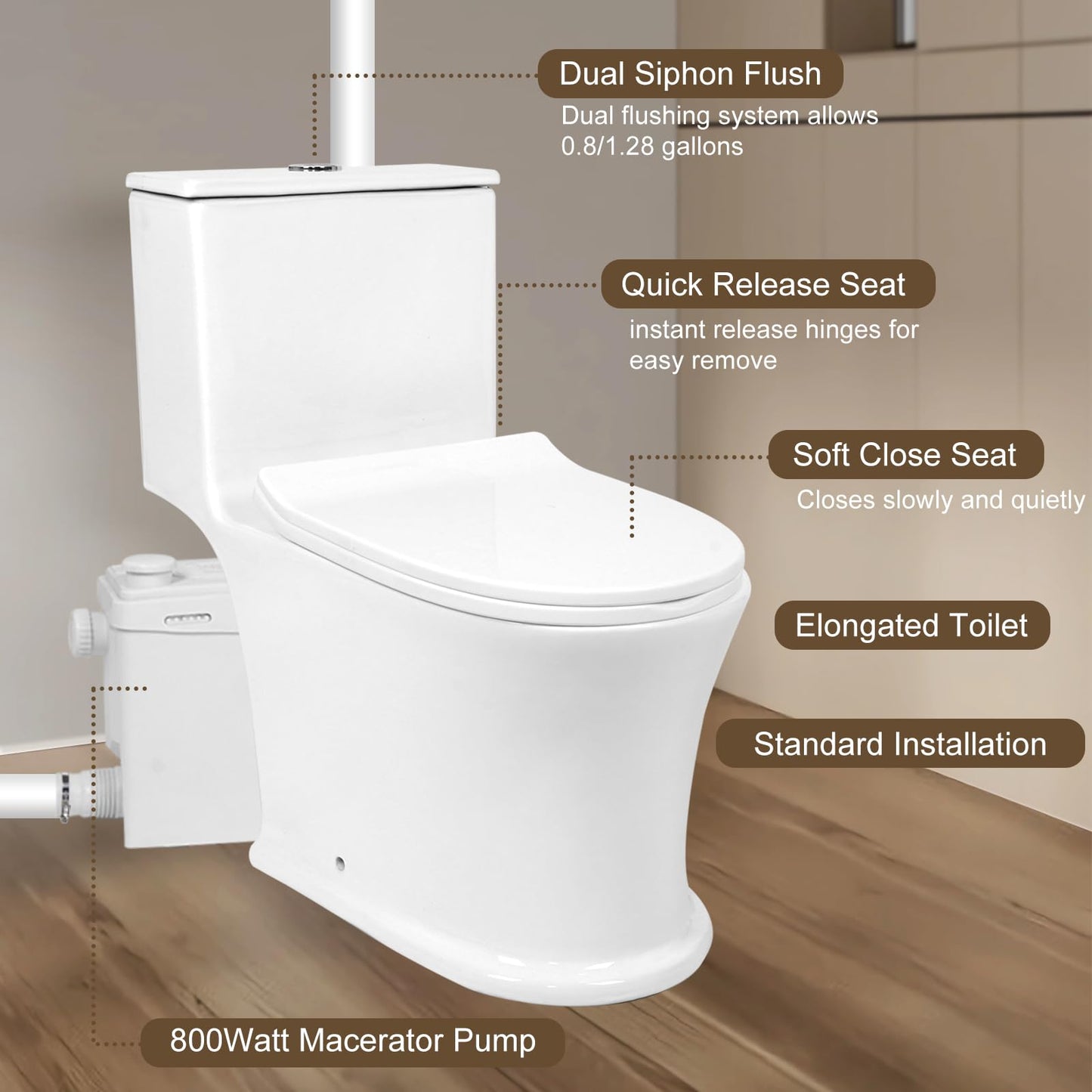 Macerating Toilet with Pump–Upflush Toilet System for Basement/Attic, 4 Water Inlets & AC Vent, 36ft Vertical Lift, Dual Flush, Easy Install,16.9" Skirted Toilet