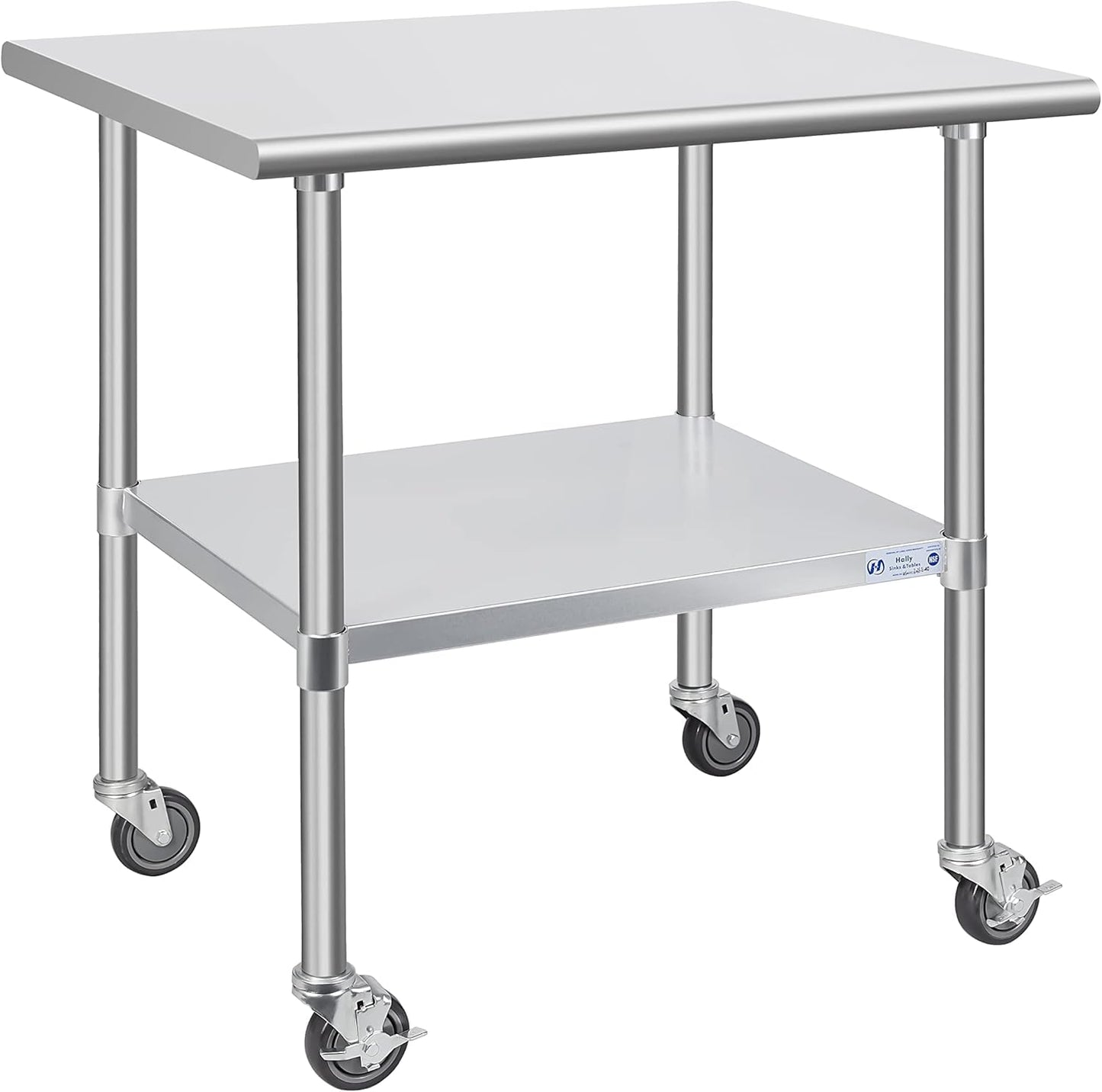 Hally Stainless Steel Table for Prep & Work 30 x 36 Inches with Caster Wheels, NSF Commercial Heavy Duty Table with Undershelf and Galvanized Legs for Restaurant, Home and Hotel