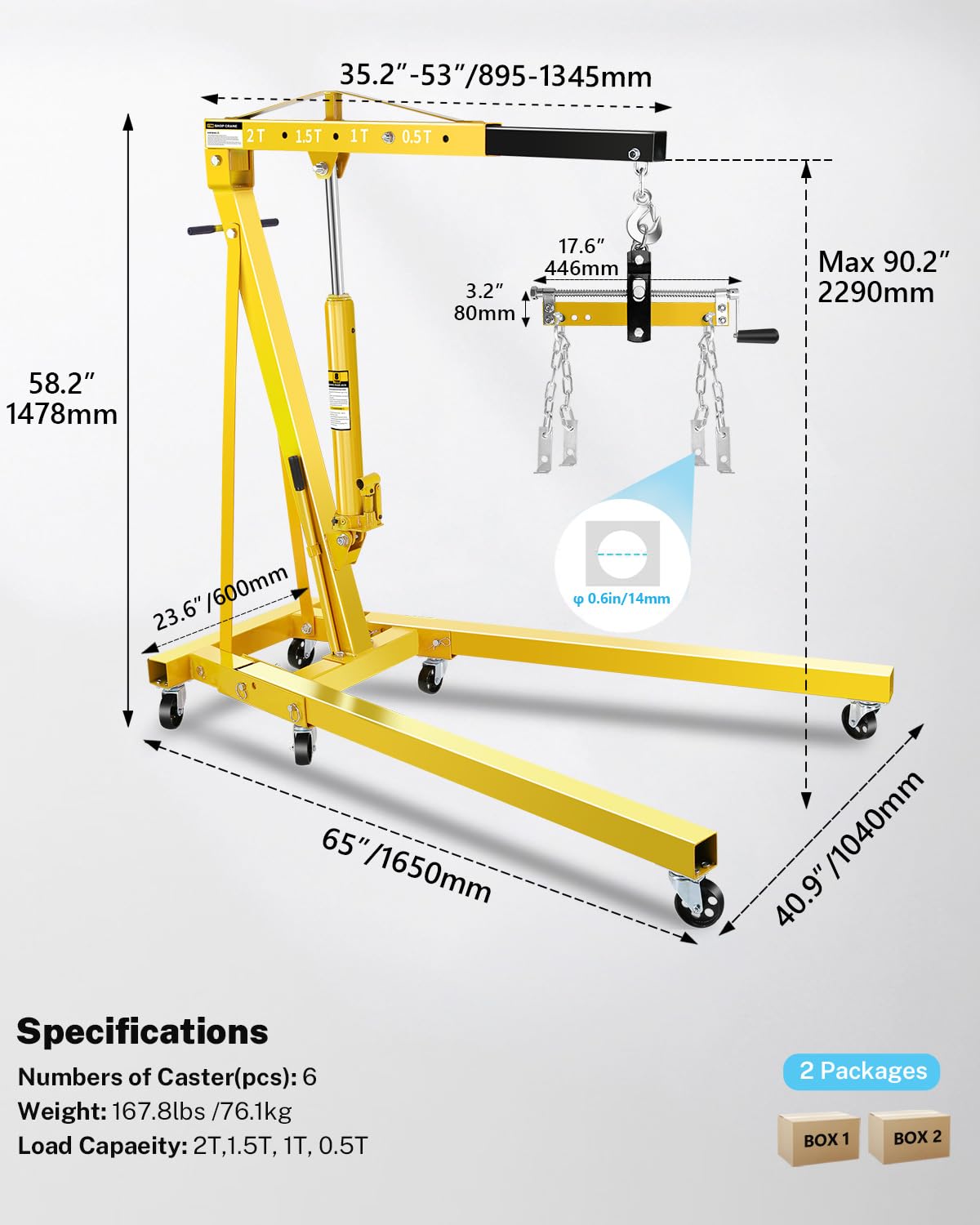 2-Ton Shop Crane with Lever, Hydraulic Folding Engine Hoist w/6 Steel Casters - Lift Car Transmissions, Boat Motors, Farm Equipment (Net Wt. 168 lbs)