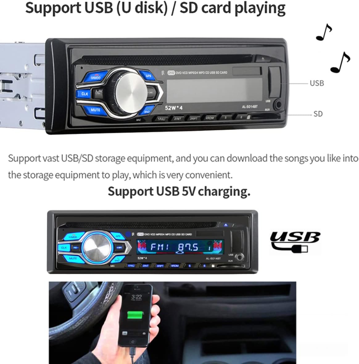 Eaglerich 1Din 12V MP3 4 45W MP3 2 Car DVD CD Player Vehicle Car Stereo Handfree Call Autoradio Bluetooth Aux-in FM USB