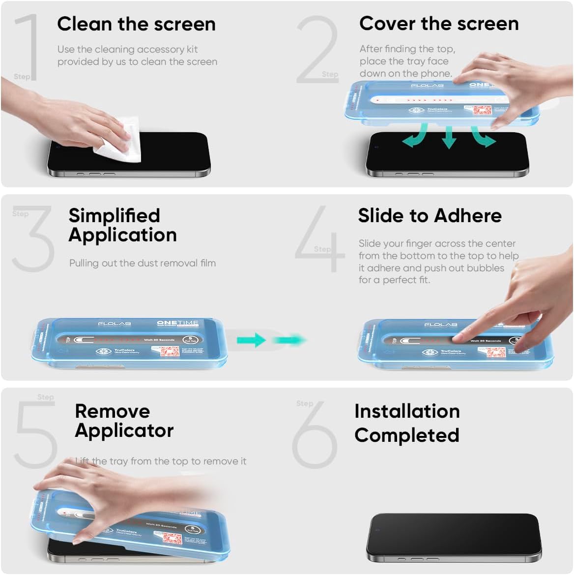 2 Pack 17 FLOLAB NanoArmour ONETIME for iPhone Pro Screen Protector, Tempered Glass, Ultra Clear, InfinityEdge-to-Edge
