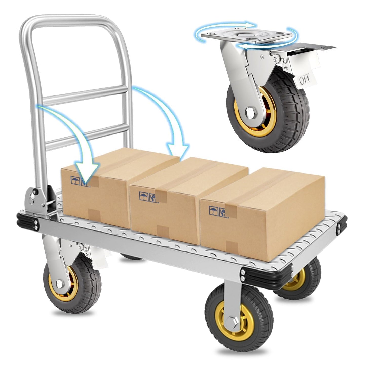 YAOYAO LAND Foldable Platform Truck Push Dolly Heavy Duty 2000 lb. Weight Capacity with Brake and 6" 360 Degree Swivel Wheels