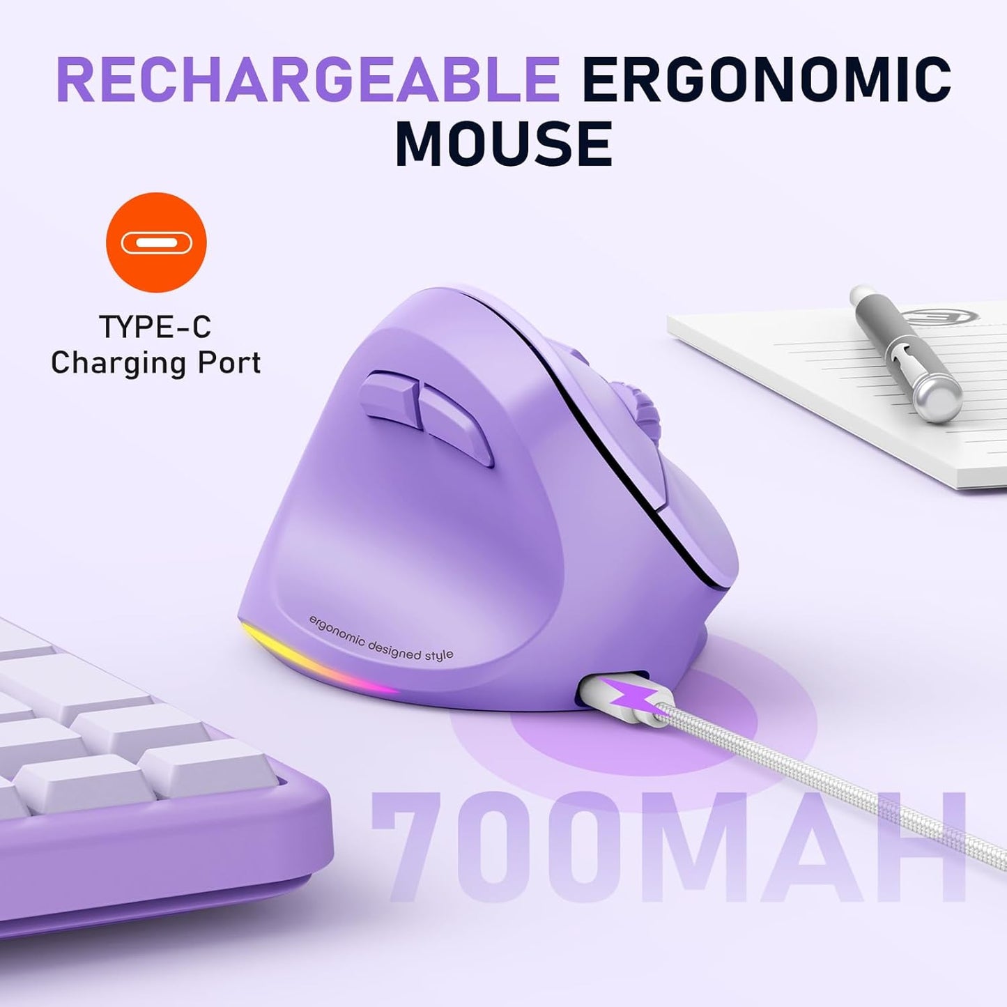 MEETION Bluetooth(5.2 3.0) 4 Left-Handed Mouse, Ergonomic Mouse Wireless Vertical Mouse, RGB Rechargeable Mice for +