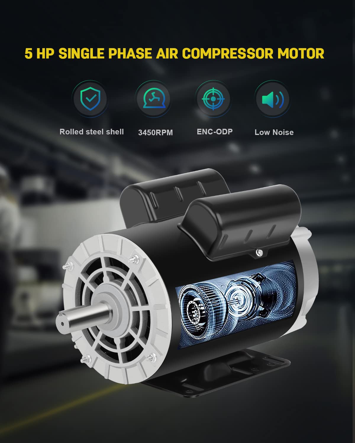 5 HP Air Compressor Motor, 3450 RPM Electric Motor, 230V Single Phase Motor, 56HZ Frame 7/8"Keyed Shaft 60 Hz, Commercial-Duty CCW Rotation, 2.25" Shaft Length for Air Compressors