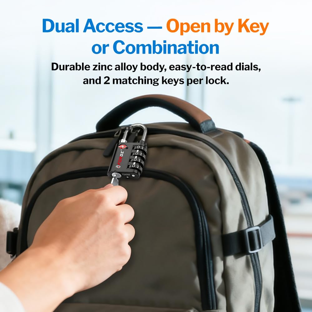 Forge Dual-Opening: Key or Combination Lock, TSA Approved Lock for Luggage, Pelican case, Travel, Gym, School,Luggage Combination Lock,Travel Bag Lock (Black 2 Pack)
