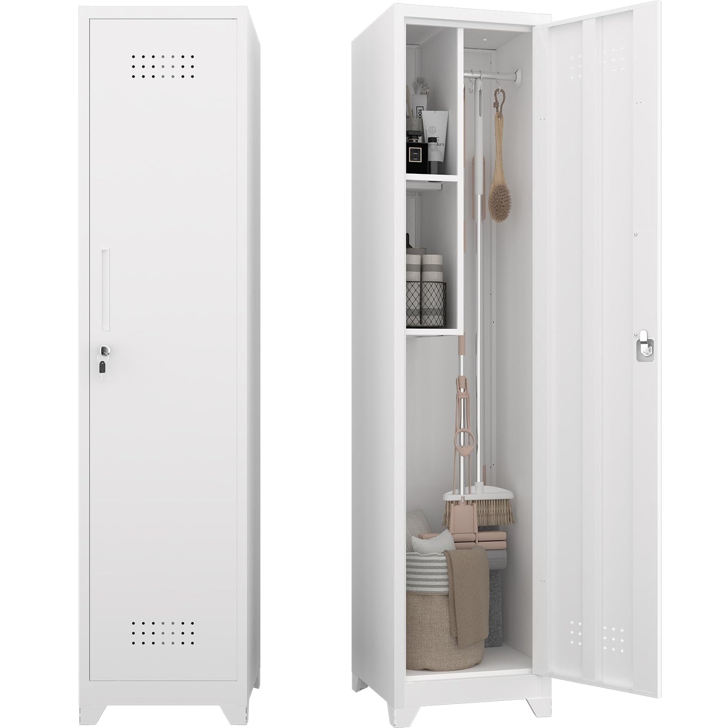 GEDELITE Metal Garage Storage Cabinet,Broom Closet Storage Cabinet,Utility Closet Cabinet for Broom,Garage,Kichen,White