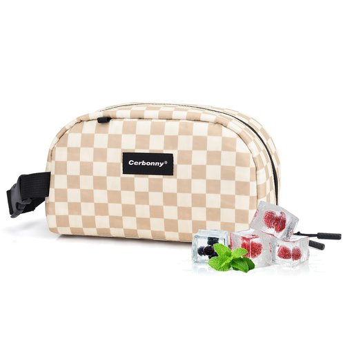 Cerbonny Reusable Lunch Bag, Khaki Checkerboard, 2.5L, Insulated, Leak Proof, Zipper Closure, 2 Compartments, Perfect for Picnic, Work, School, Travel