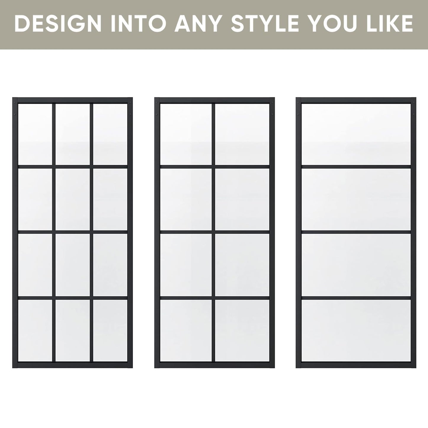 JUBEST 42in x 84in DIY Glass Sliding Barn Door, Sturdy 4-Lite Clear Tempered Glass Aluminum Frame Sliding Door Panel Without Hardware Kit, Easy Assembly