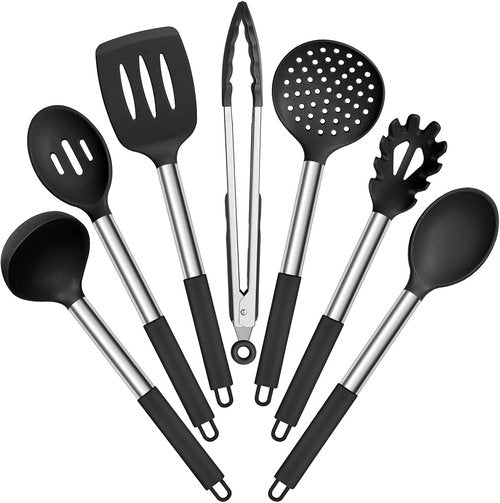 E-far Silicone Cooking Utensils Set - 7 Heat Resistant Kitchen Tools with Stainless Steel Handles | Black