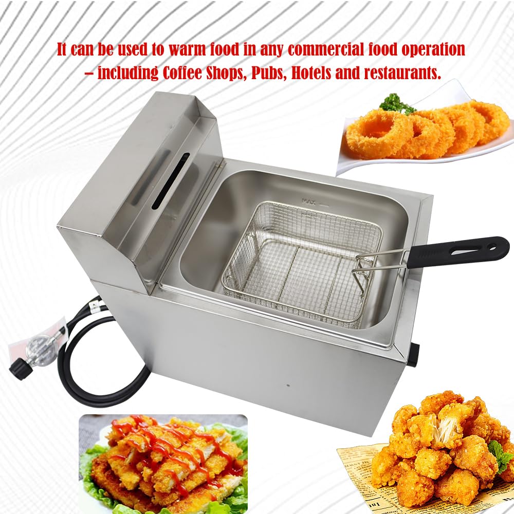 INTBUYING 6L Commercial Deep Fryer Single Tank LPG Gas Chips Stainless Steel Fryer with Fry Basket French Fries Fried Potato Chicken Frying Machine with Gas Regulator Valve