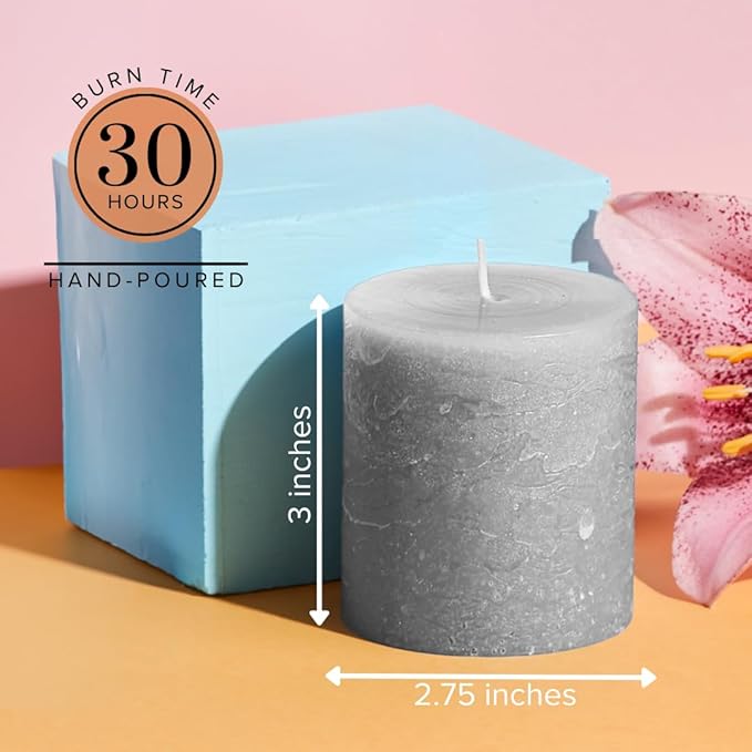 Simply Soson Grey Rustic Texture Pillar Candles 3x3 inch - Set of 3 - Unscented Decorative Grey Candles, No Drip, Ideal for Home Decor, Weddings, Holidays
