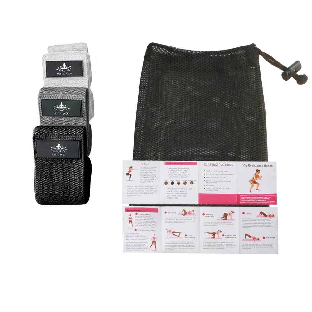 Hatha Yoga Large Resistance Band,14.5" x3.15",Fabric Exercise Loop Bands with Instruction Guide and Carry Bag, Set of 3.