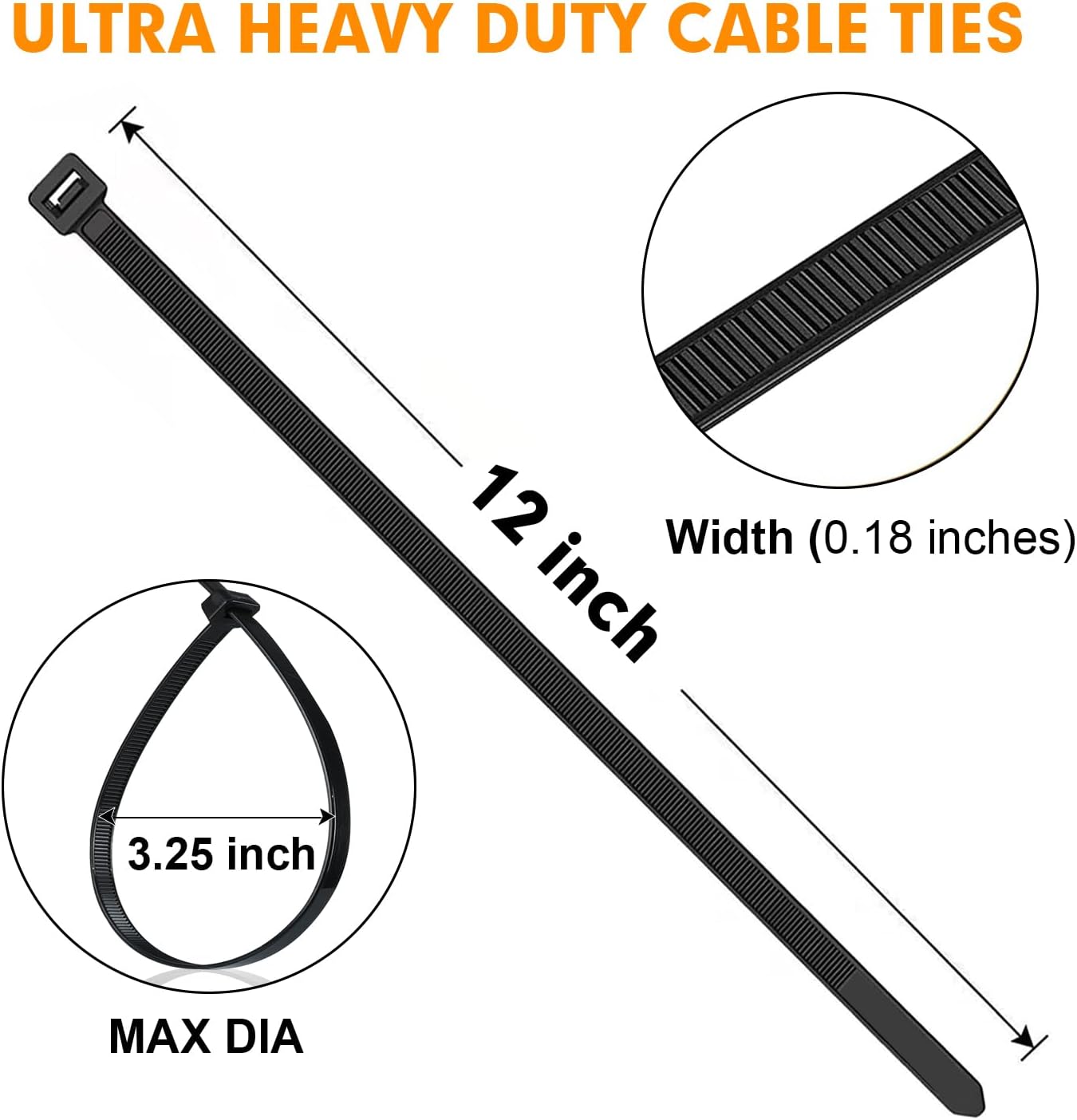 1200pcs 12 Inch, 50lb RAZCC Black Cable Zip Ties Heavy Duty Plastic Nylon Tie Wraps with Tensile Strength for Indoor