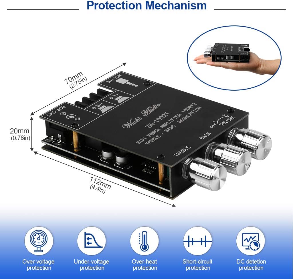 ZK-1002T 2.0CH 100W*2 9-24V Bluetooth Amplifier Board Mini Audio AMP with Treble and Bass Control, BT and AUX Inputs