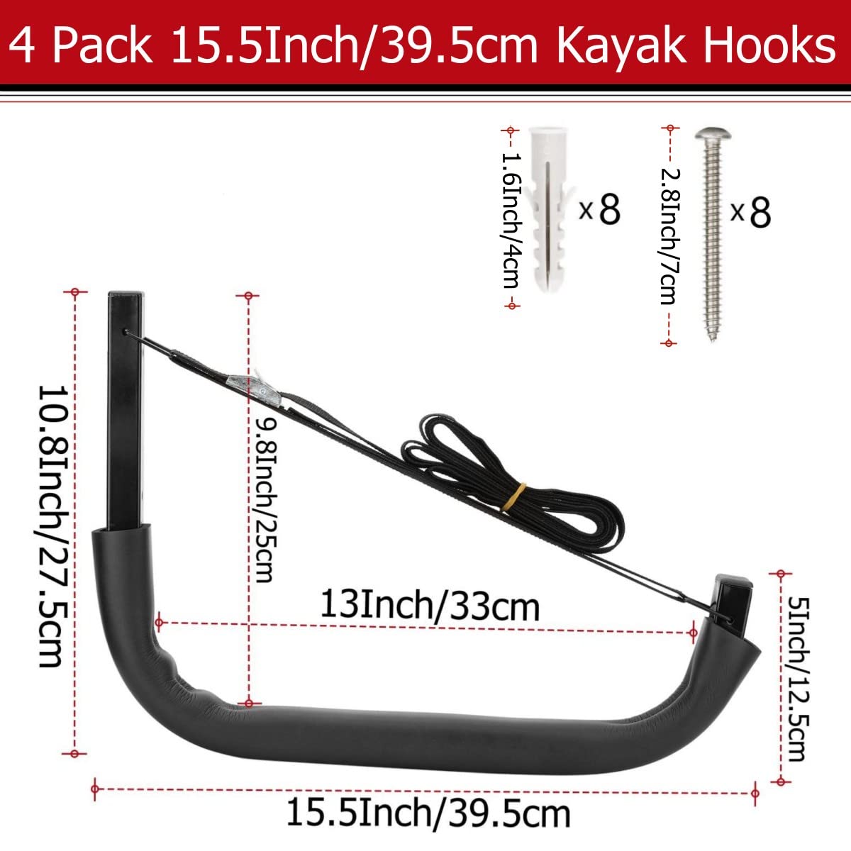 Kayak Storage Hooks, Wall Mount Garage Canoe Storage Hangers for Kayaks or Paddleboards, Heavy Duty Wall Rack (150LBS Capacity)