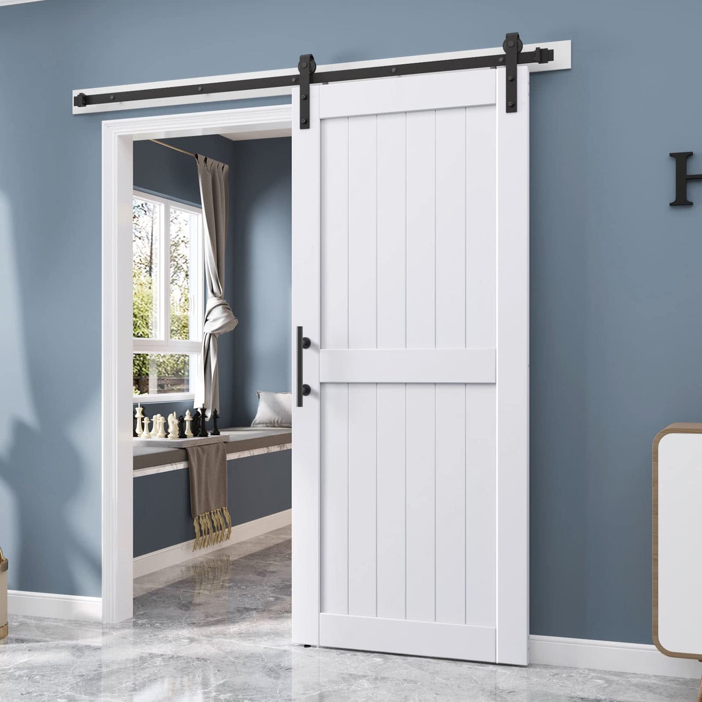 EaseLife 38 x 84 inch White Barn Door with 6.6FT Sliding Door Hardware Kit Included & Handle,Solid Wood Covered with Waterproof PVC Surface,DIY Assemblely,Easy Install,H-Frame,Fit 34-36in Wide Opening