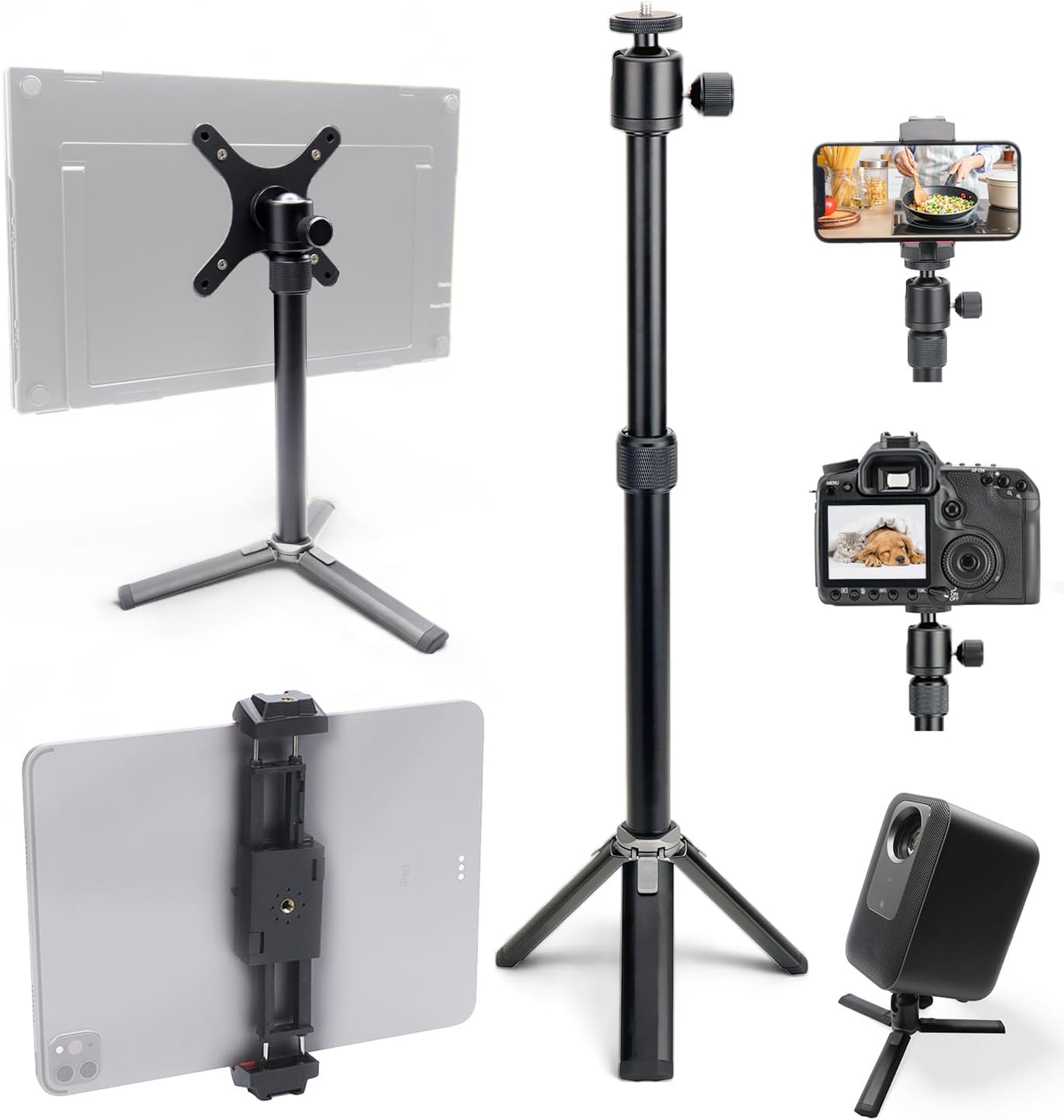 Kado 2-In-1 100x100mm 75x75mm 360 Metal Portable Monitor Stand Tripod, Phone/Tablet Clamp Portrait/Landscape, Wall/Arm