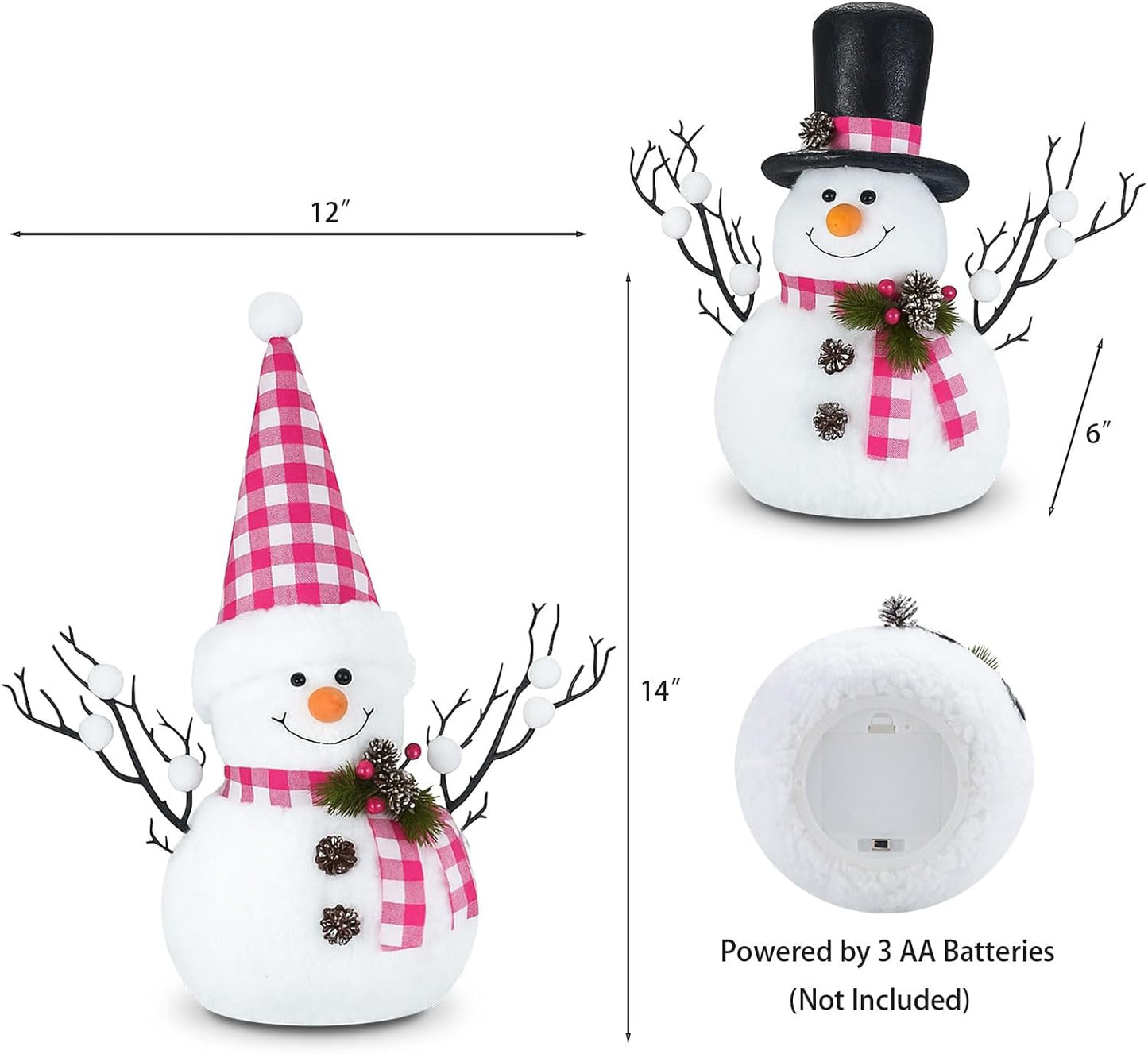 Skiennix Lighted Plush Snowmen Figurines - 14" Christmas Table Decorations | Battery Operated Holiday Ornaments
