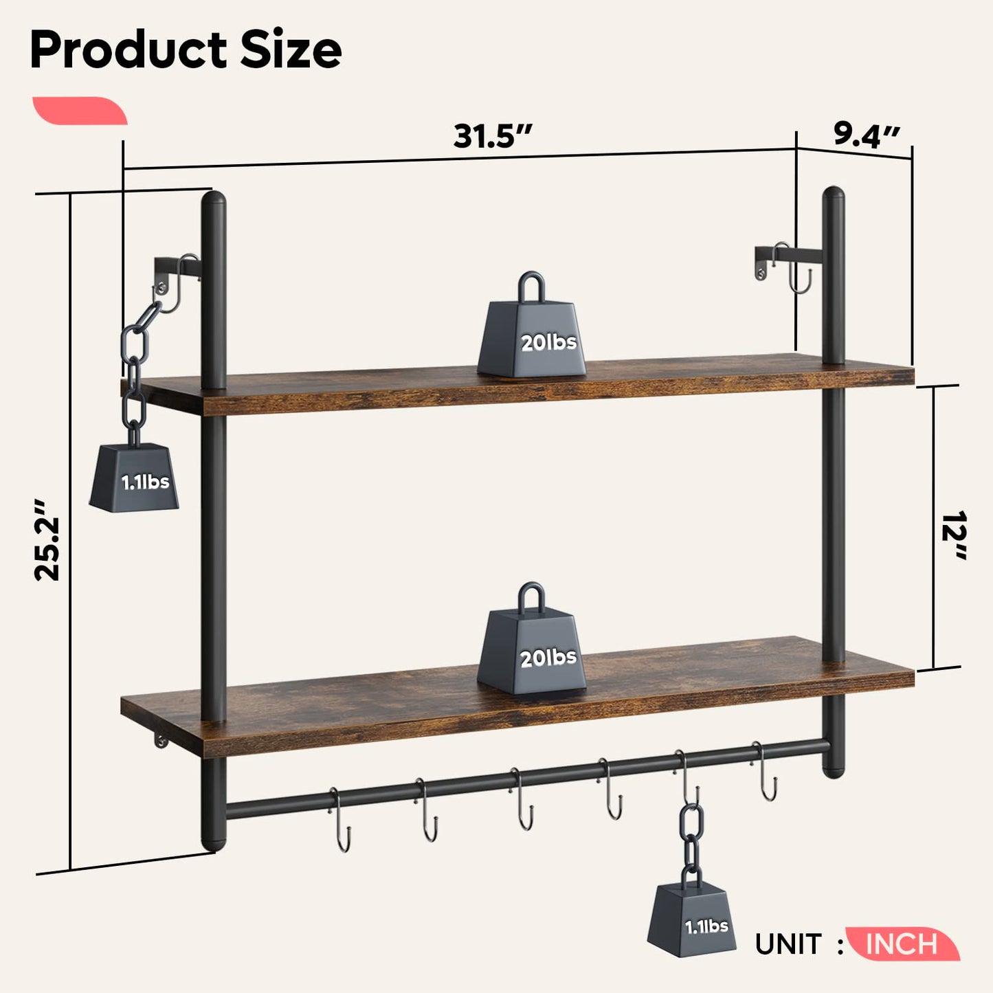 Bestier Floating Pipe Shelving Kitchen Shelves, 31" Wall Mounted Shelf 2 Tier & 3 Tier Bundle, Rustic Brown