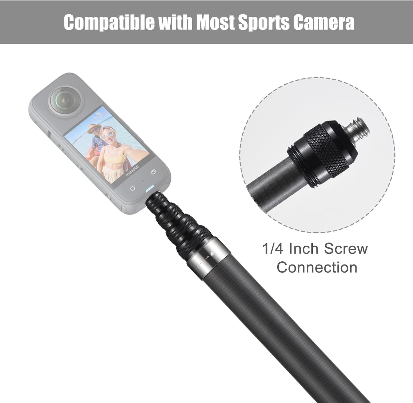 Camnoon 1/4 Inch 45.5cm-280cm/ 17.9in-110in Insta360 X2/ X3 Portable Selfie Stick Carbon Fiber Stand Camera Bracket