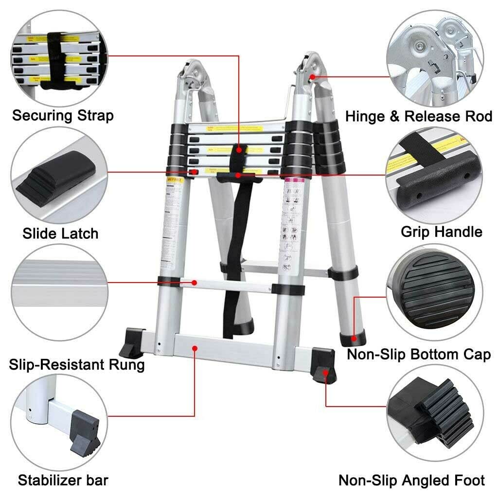 A-Frame Telescoping Ladder 12.5ft 6 + 6 Steps Adjustable Height with Support Bar Anti-Slip Feet, 330lbs Max Load, Folded Height 2.7ft Space Saving Easy to Transport, Heavy Duty RV Home Ladder