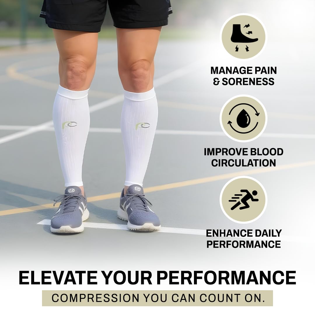 ProCompression Compression Calf Sleeves for Men & Women - Shin Sleeves for Shin Splint Relief, Travel, and Running Support - Navy Over White (Small/Medium)