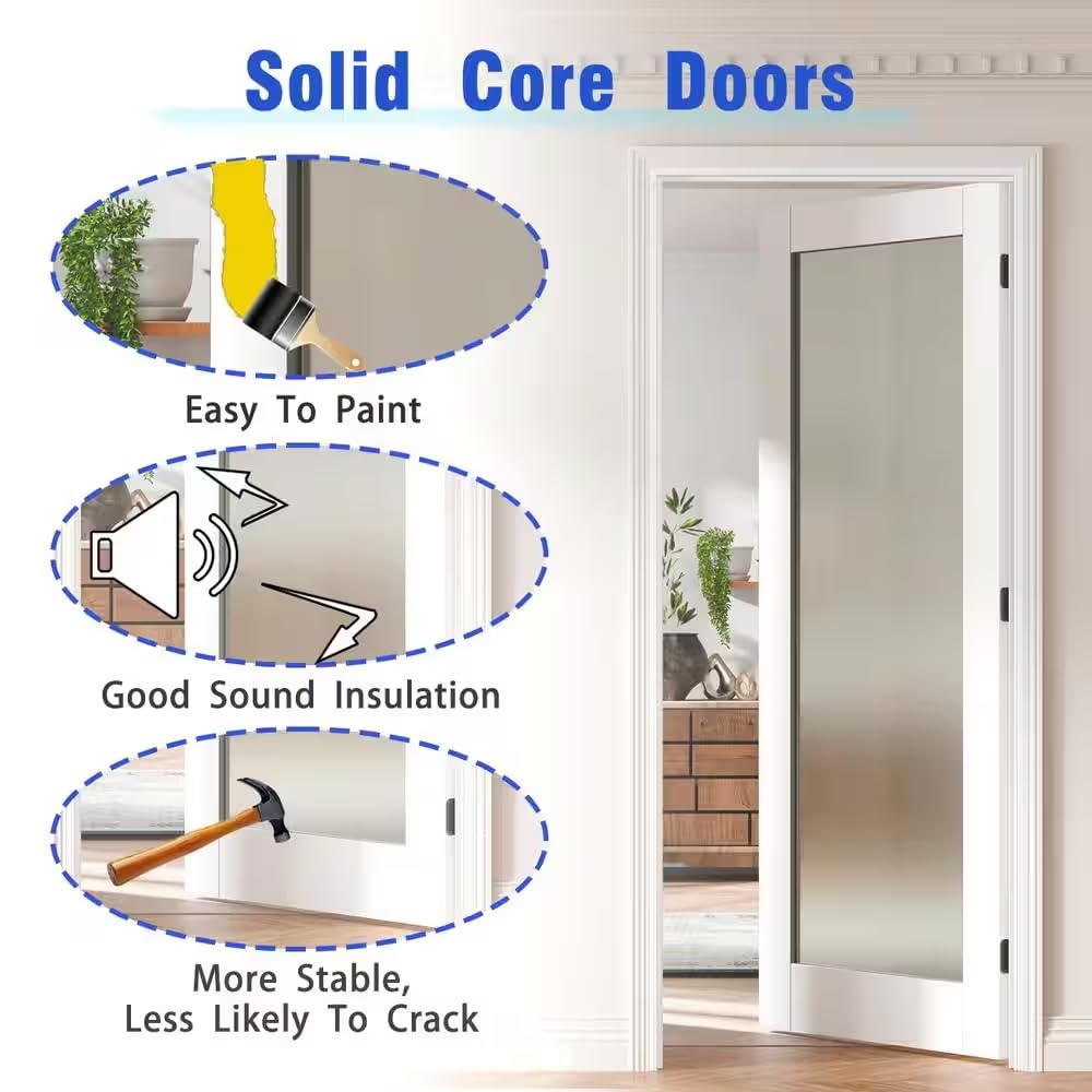 Lakenyon Pantry Door, 24" x 80" with Prehung Door Jamb, Right-Handed Interior Door, 1-Lite Frosted Glass, White MDF with Hardware Kit