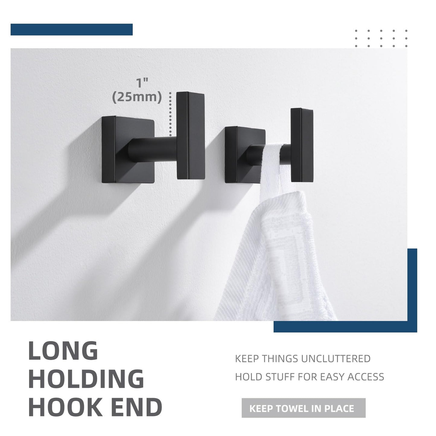 Angle Simple Bathroom Towel Hooks, Stainless Steel Robe Coat Hooks for Wall, Matte Black, 2 Pack