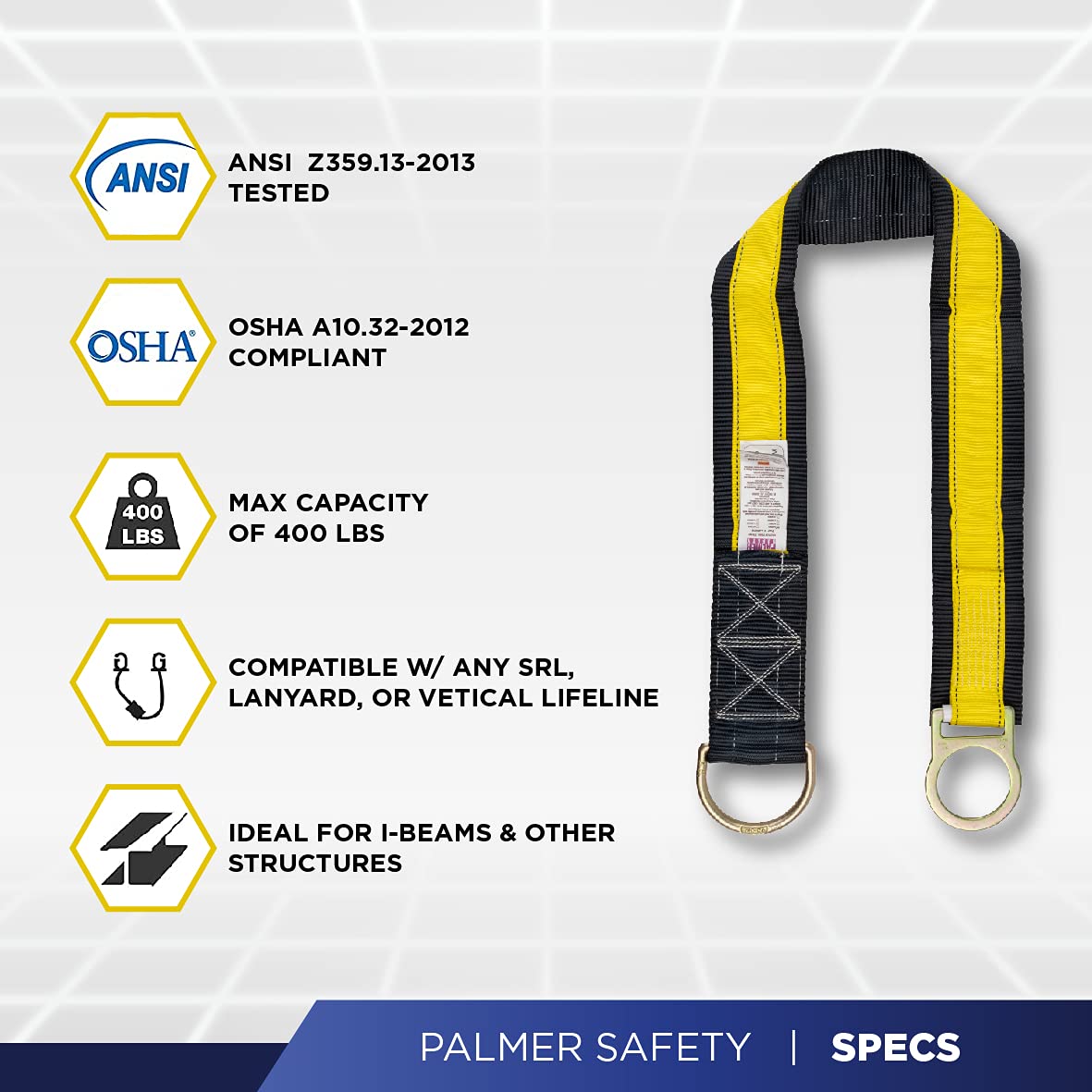 Palmer Safety 3 Ft Cross Arm Strap, 3" Wide Beam Straps Choker w/Large & Small D-Ring, ANSI OSHA Anchorage Sling Fall Protection Lanyard