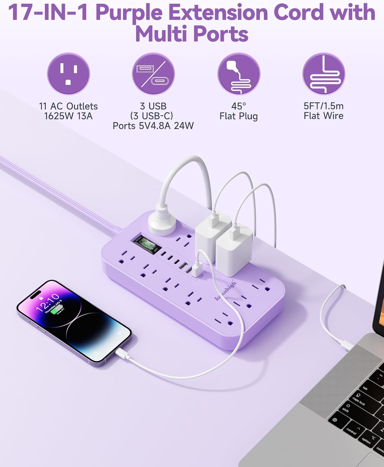 kakahigh 5 11 6 (24W/4.8A), Purple Extension Cord with Multiple Outlets- FT Lavender Power Strip, Girls Extension Cord