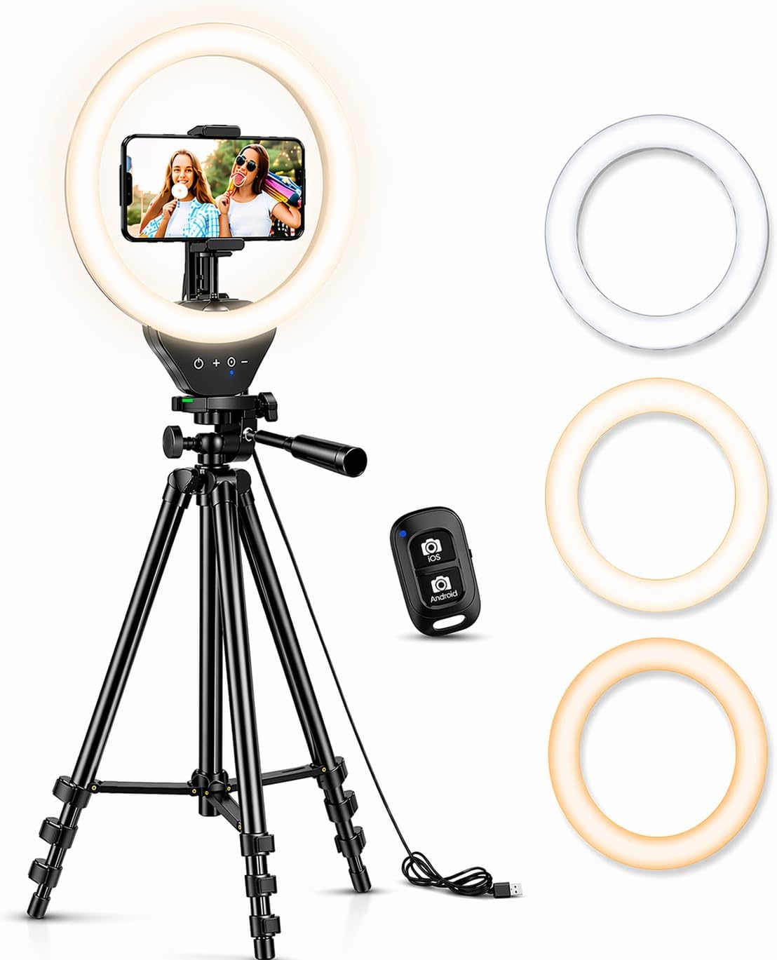 SENSYNE 50" 3 10 Ring Light with Stand, Phone Tripod for iPhone & Android, LED Ring Light with Remote, Color Modes