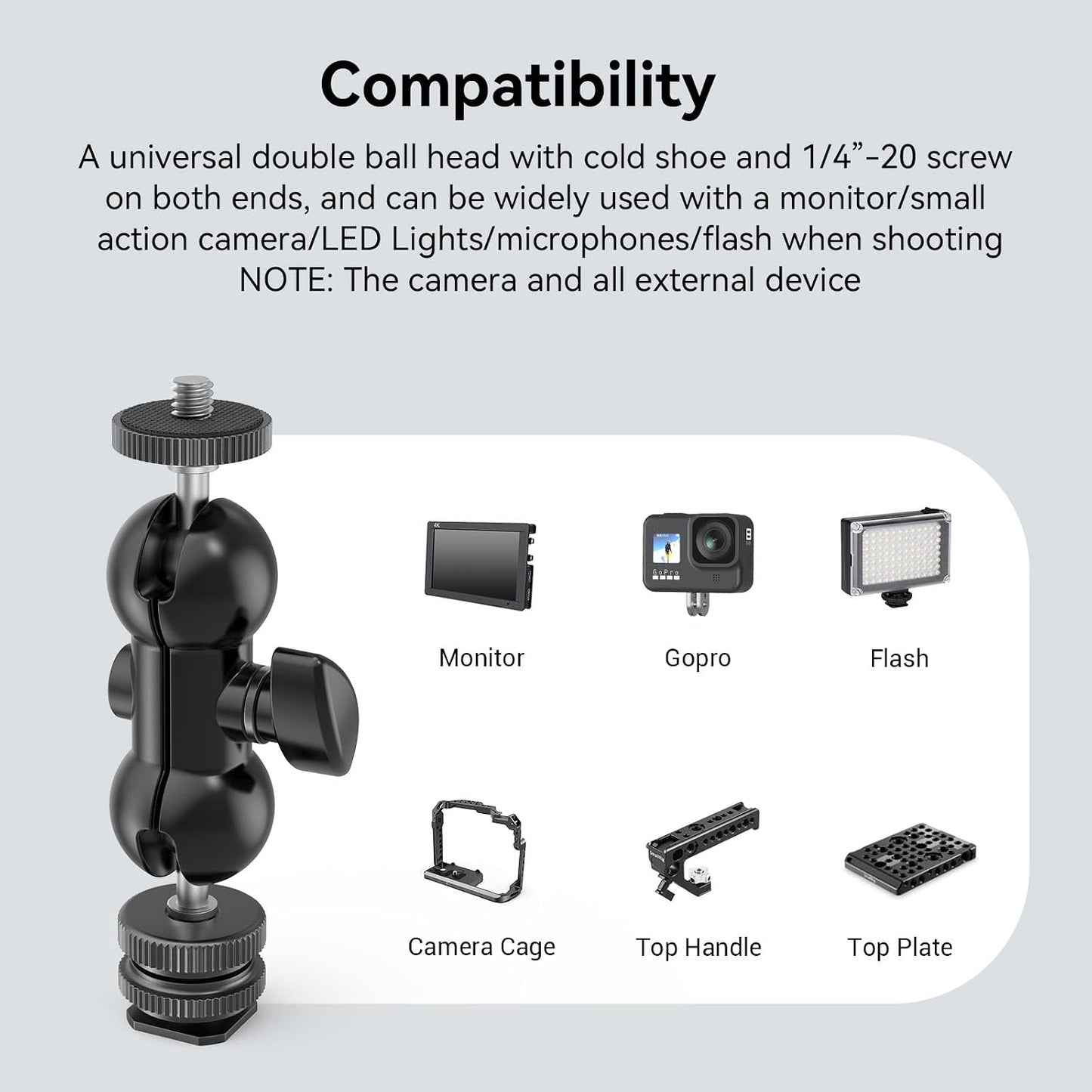SMALLRIG 1/4" 1135 Cool Ballhead, Multi-Function Double Ball Dead Adapter with Shoe Mount & Screw for Monitors Led